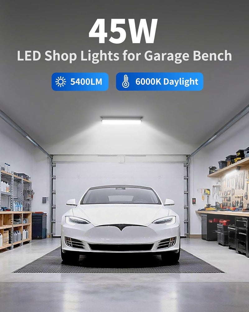 THECHAM IP66 Waterproof 45W LED Shop Lights, 5400LM 6000K Daylight White Garage Light with 6FT Power Cord & Switch, Plug in LED Work Light for Garage, Workshop, Warehouses, Basement, Yard, 2 Pack - Image 2